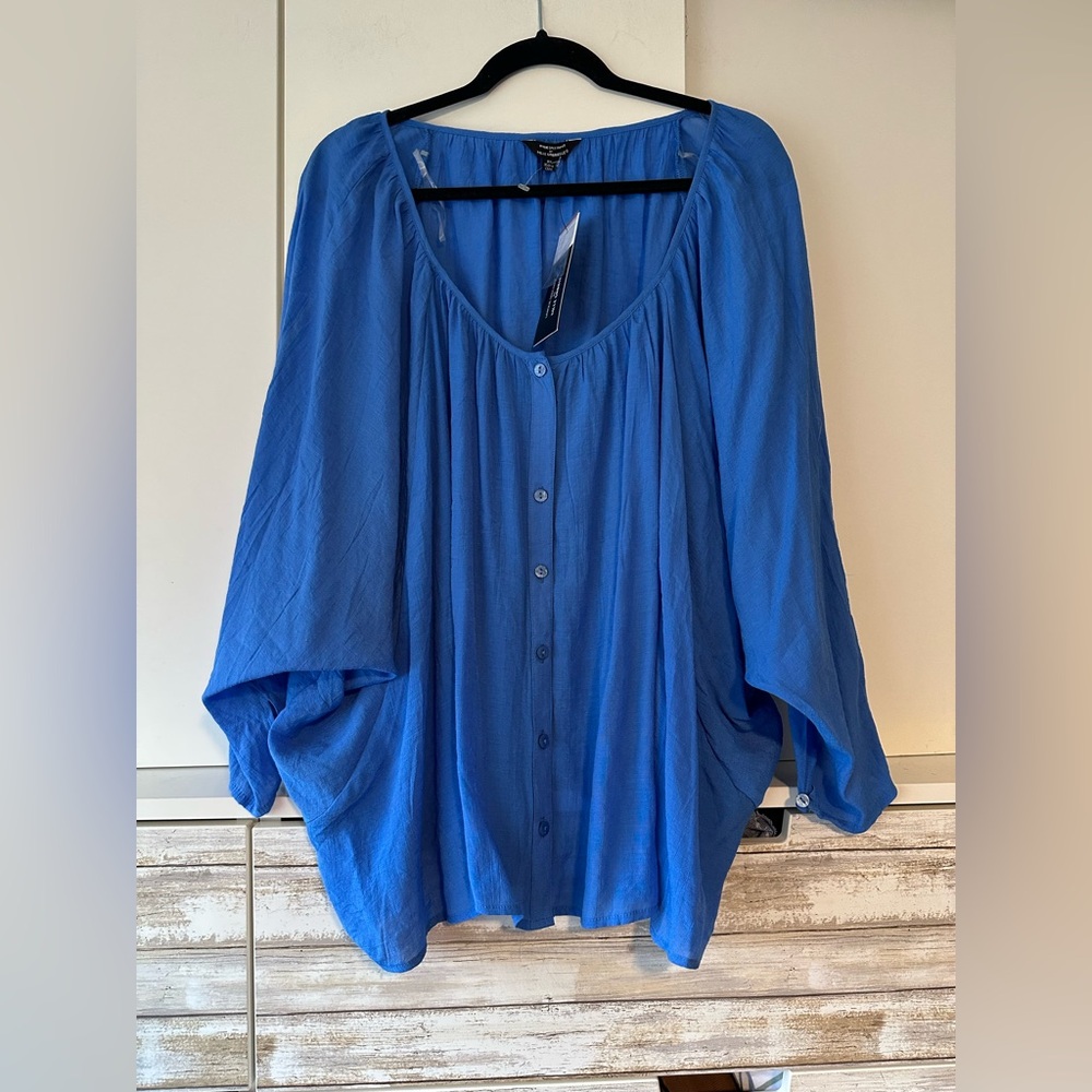💙 Mlle Gabrielle 2X Blue Boho Batwing Dolman Sleeve Button Blouse NWT